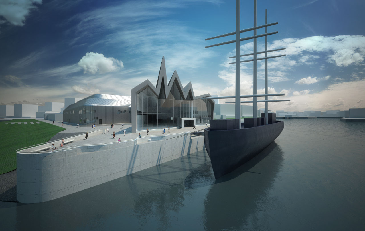 Zaha Hadid Architects’ Riverside Museum of Transport and Travel exterior rendering