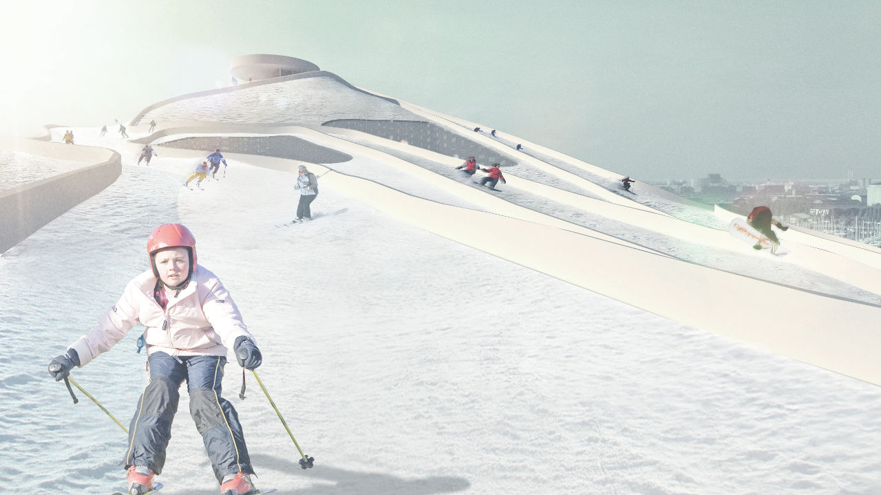 Copenhagen's Amager Waste-to-Energy facility ski slope rendering by Bjarke Ingels Group (BIG)