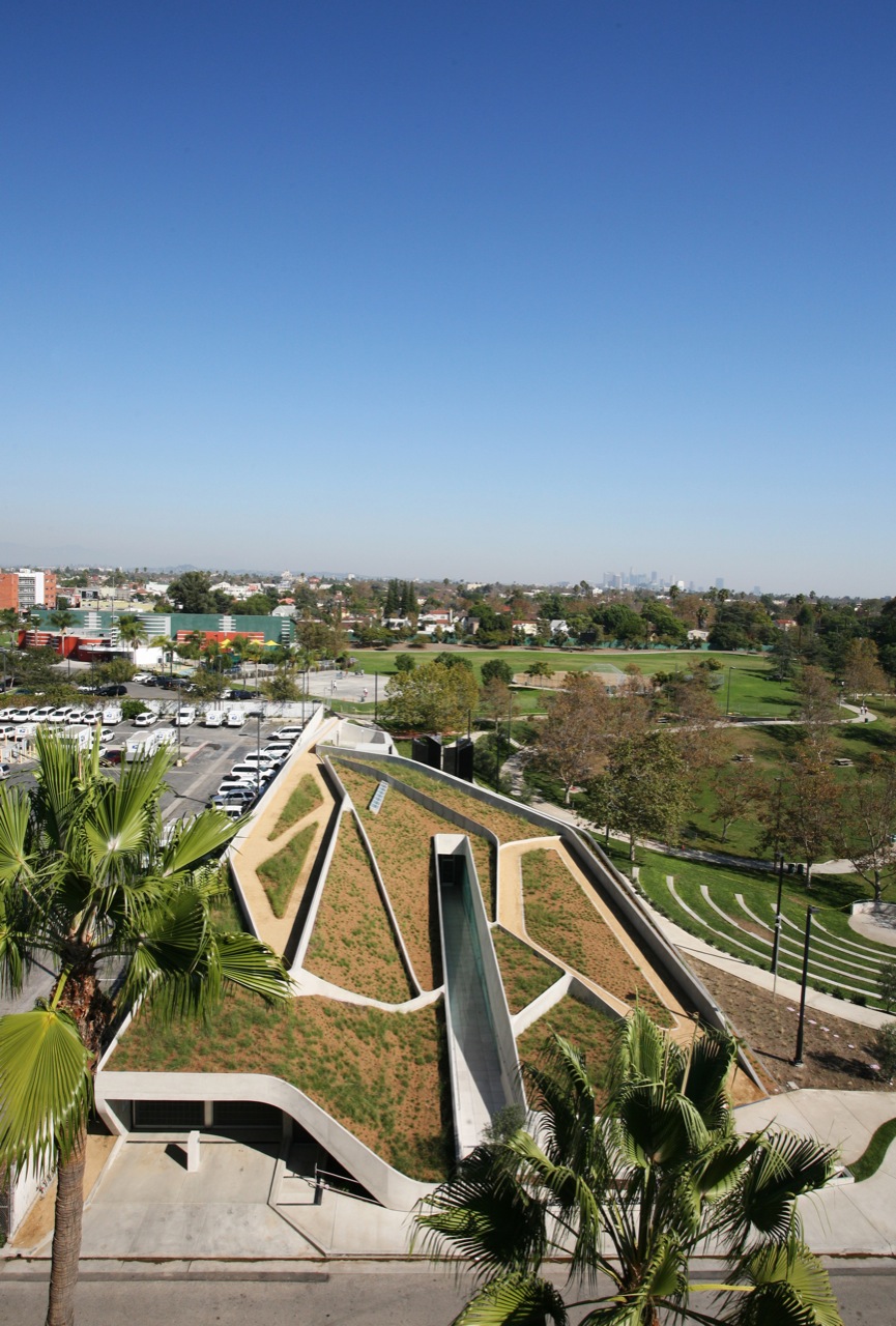Aerial view of the green roof atop the Los Angeles Museum of the Holocaust by Belzberg Architects