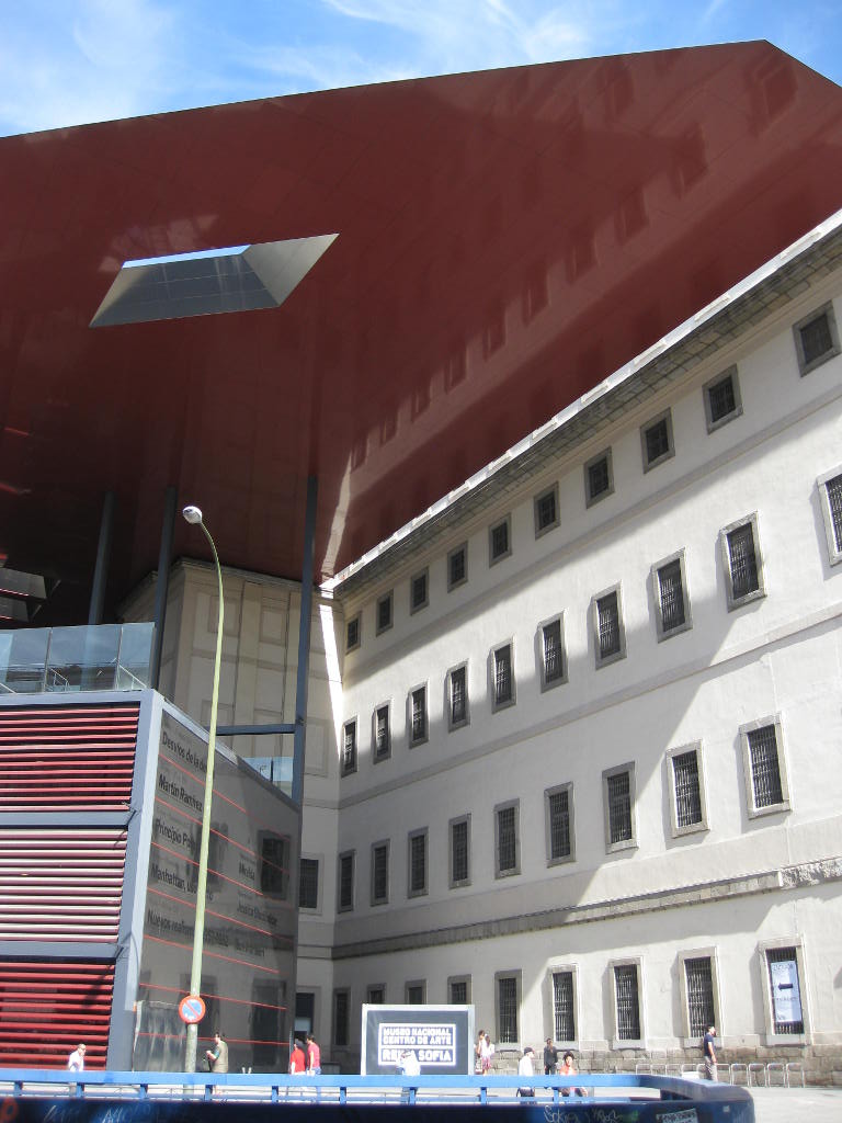 Modern exterior of the Reina Sofia Museum in Madrid, Spain