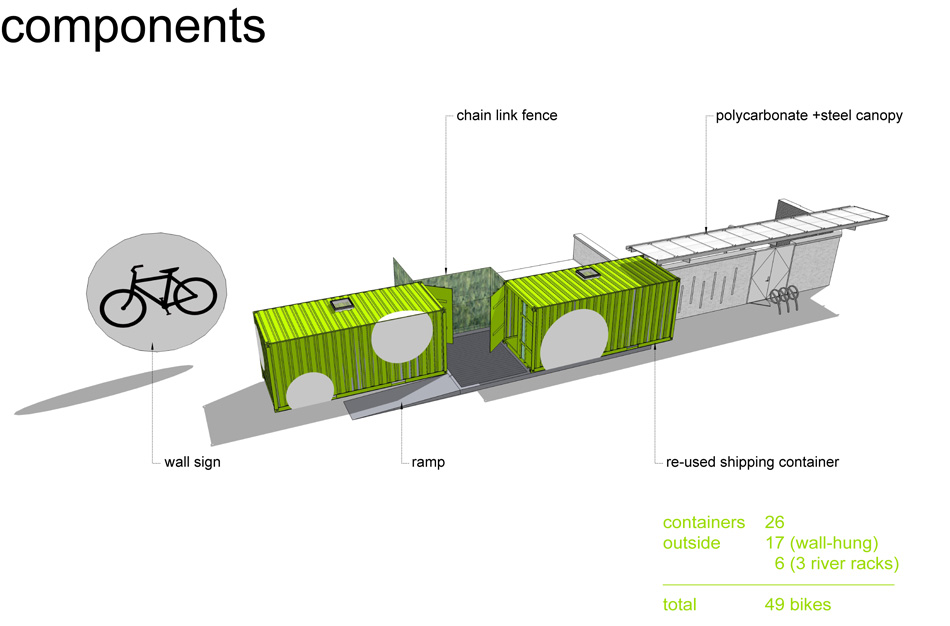 Component drawing of Moshier Studio's Bicycle Commuter Center constructed from shipping containers