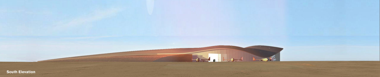 Rendering of Virgin Galactic’s Terminal and Hangar Facility at Spaceport America in New Mexico by Foster + Partners