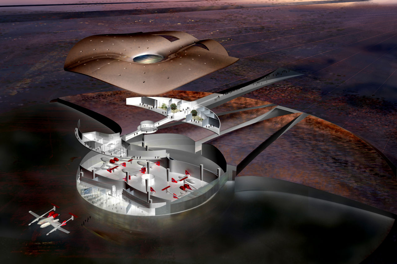 rendering of Virgin Galactic’s Terminal and Hangar Facility at Spaceport America in New Mexico by Foster + Partners