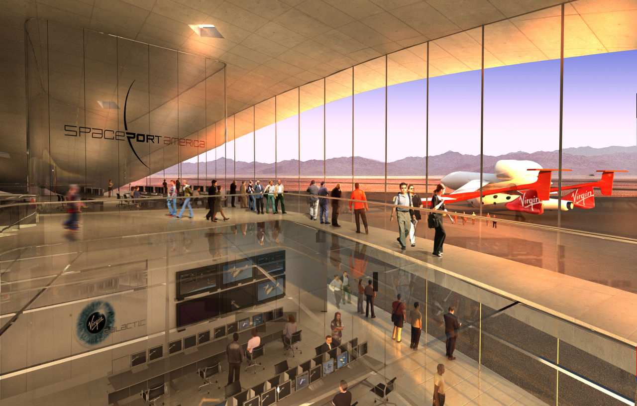 Interior rendering of Virgin Galactic’s Terminal and Hangar Facility at Spaceport America in New Mexico by Foster + Partners