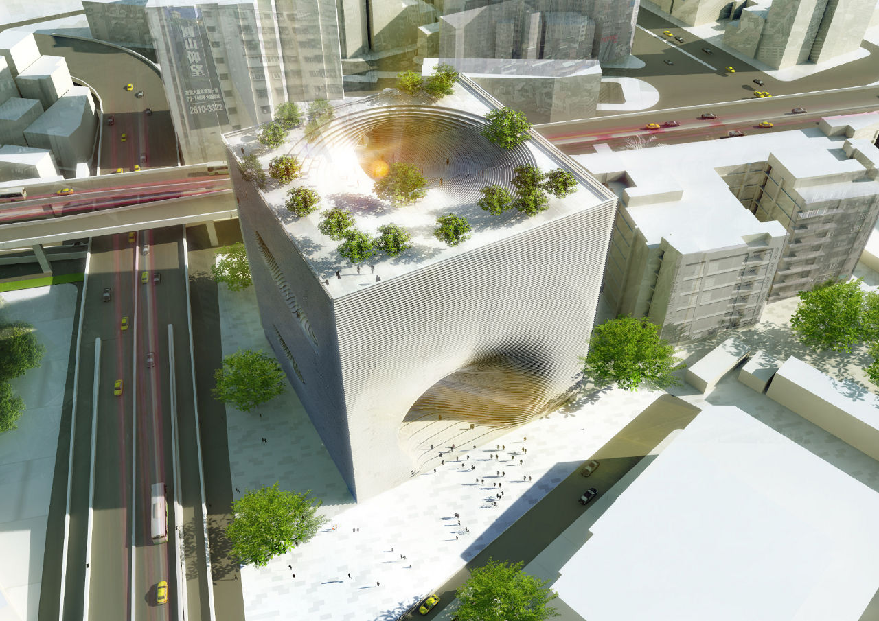 Bjarke Ingels Group's (BIG) aerial rendering for the Technology, Entertainment and Knowledge (TEK) Center in Taipei, Taiwan