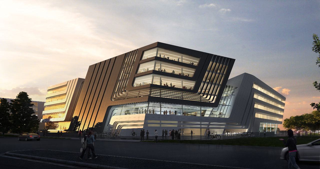 Exterior rendering of Zaha Hadid's Library and Learning Center for the University of Economics and Business in Vienna, Austria