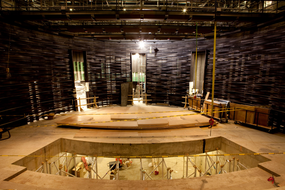 Construction within the Arlene and Robert Kogod Cradle at Bing Thom's Arena Stage Expansion in Washington, DC