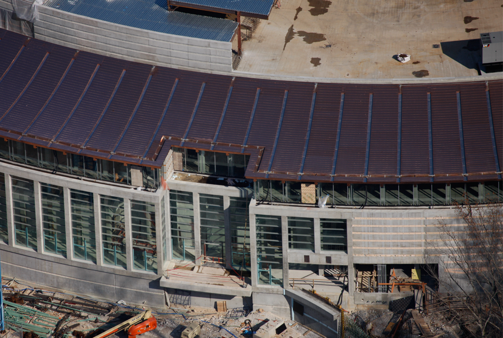 Aerial view of the Moshe Safdie Crystal Bridges Museum of American Art Construction site