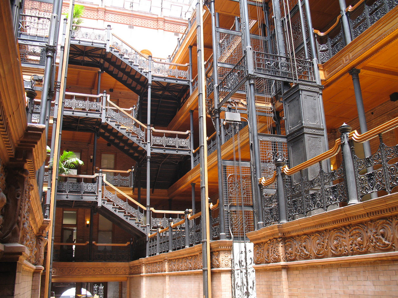 Interior shot of the Bradbury Building showing lattice work.