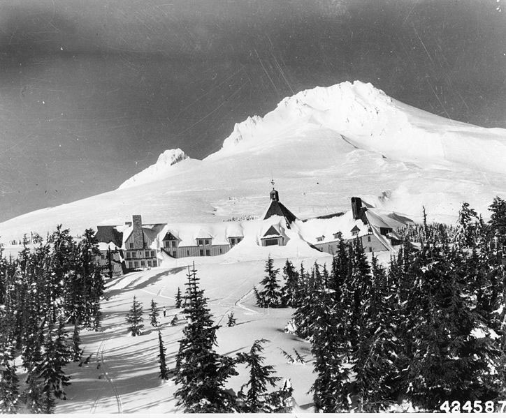 Mt. Hood and Timberline Lodge are shown under a blanket of snow during the winter of 1942. Photo by George Henderson for the U.S. Forest Service