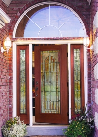 Arden decorative glass in Fiber-Classic Mahogany door